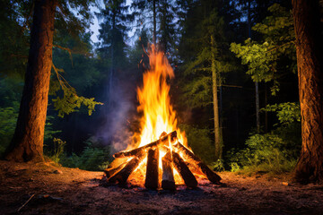 Burning campfire on a dark night in a forest. The bonfire burns in the forest. camp fire in the...