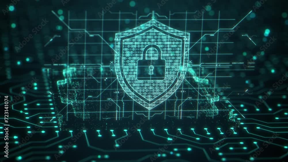 Poster security hologram virtual hud pin with shield and lock. concept of finance data privacy and smartpho