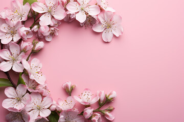 Obraz premium pink and white flowers of a blooming apple tree lie on the left edge on a pink background, a lot of free space