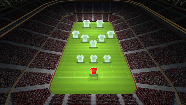 Aerial view of a soccer pitch with a formation layout and highlighted goalkeeper jersey in a stadium. Football players position 3-5-2. Soccer field with player. Team tactics. Concept of sport strategy