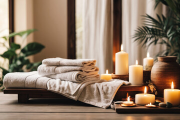 Fototapeta na wymiar Serene Relaxation Haven. Empty background with a massage table adorned with towels, candles, and aromatherapy oils. Copy space for text. Spa retreat, wellness