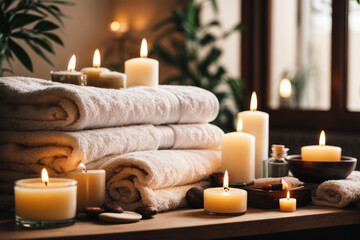 Obraz na płótnie Canvas Serene Relaxation Haven. Empty background with a massage table adorned with towels, candles, and aromatherapy oils. Copy space for text. Spa retreat, wellness