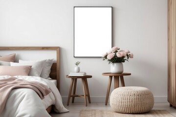 Flowers on wooden stool and pouf in white bedroom interior with posters above bed