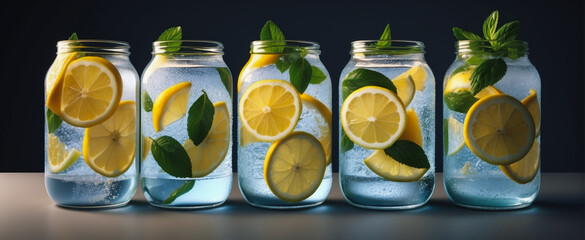 Soda water with lemon slices or citrus fruit and mint herbs infused sassi water for detox or dieting in glass or bottles, mixed digital illustration and matte painting