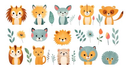 Cartoon style animal pattern illustration with a theme for kindergarten children, lions, cats, horses, foxes and botanical decorations on a white background. - obrazy, fototapety, plakaty