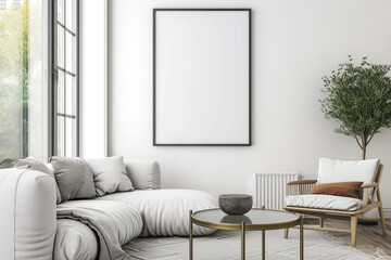 Frame mockup with ISO A paper size, showcasing a living room wall poster mockup against a modern interior design background, presented in a 3D render.