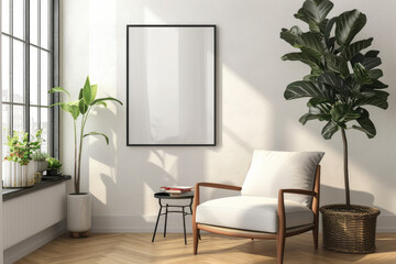 Frame mockup with ISO A paper size, showcasing a living room wall poster mockup against a modern interior design background, presented in a 3D render.