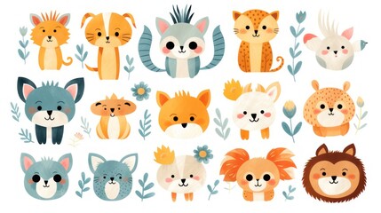 Obraz premium Cartoon style animal pattern illustration with a theme for kindergarten children, lions, cats, horses, foxes and botanical decorations on a white background.