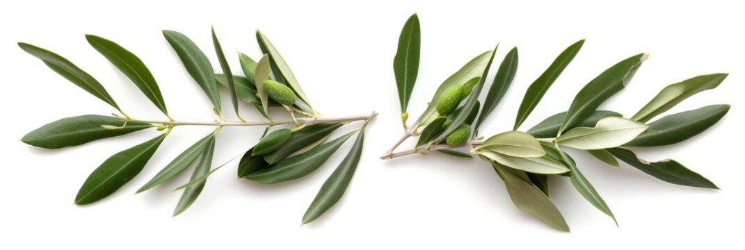 Two Fresh Olive Branches With Leaves Isolated On White Background Closeup