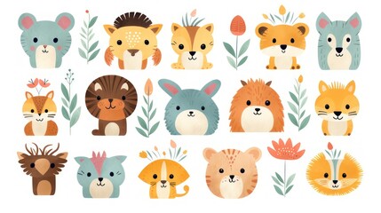 Cartoon style animal pattern illustration with a theme for kindergarten children, lions, cats, horses, foxes and botanical decorations on a white background.