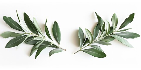Two fresh olive branches with leaves isolated on white background closeup - obrazy, fototapety, plakaty