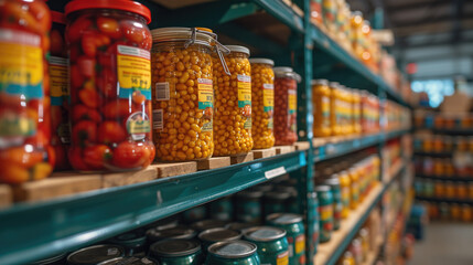In a humble community food pantry, shelves lined with a variety of canned foods stand as a testament to generosity.