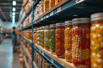 In a humble community food pantry, shelves lined with a variety of canned foods stand as a...