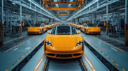 At a high-tech manufacturing plant, robots and workers assemble the latest electric vehicles. The facility is powered by renewable energy and has an advanced waste recycling system - obrazy, fototapety, plakaty