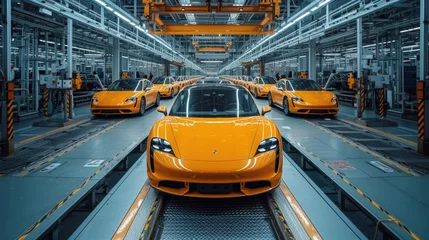 Foto op Canvas At a high-tech manufacturing plant, robots and workers assemble the latest electric vehicles. The facility is powered by renewable energy and has an advanced waste recycling system © Phimchanok