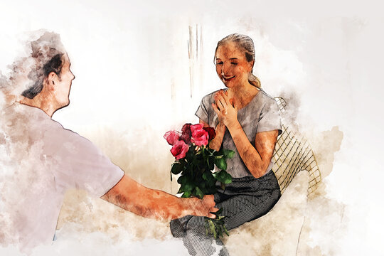Abstract Young couple lover surprise give rose flower in valentine's day on watercolor illustration painting background.