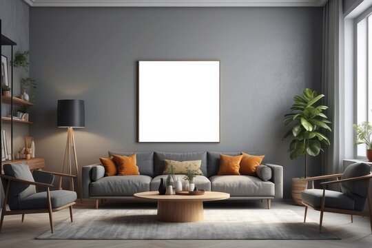 Retro style in beautiful living room interior with grey empty wall