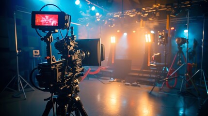 VDO camera record crane production multimedia cinema on studio with spot light to stage for entertainment industry.