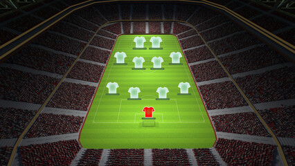 Aerial view on soccer stadium with tribune and t-shirts of players showing team tactics and game strategy. Football players position 4-4-3. Concept of sport, tournament, competition