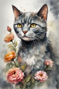 Dark grey short hair cat watercolor vintage style with flowers white background