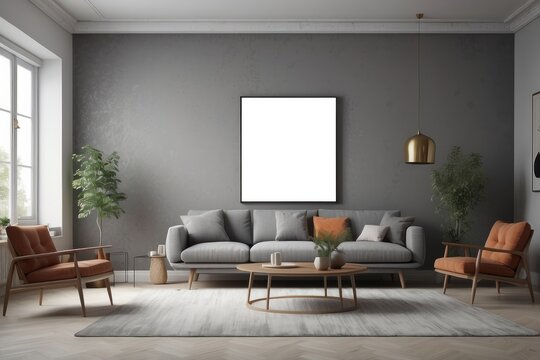 Retro style in beautiful living room interior with grey empty wall