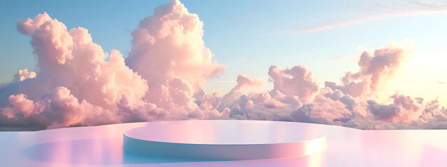 3d white plateau floats above a blue sky with clouds  - obrazy, fototapety, plakaty
