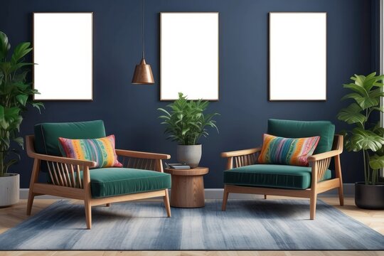 Retro armchairs with wooden frame and colorful pillows on a navy blue sofa in a vibrant living room interior with green plants