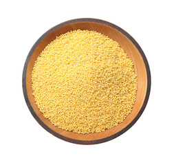 Dry millet seeds in bowl isolated on white, top view