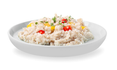 Delicious barley porridge with vegetables and microgreens isolated on white