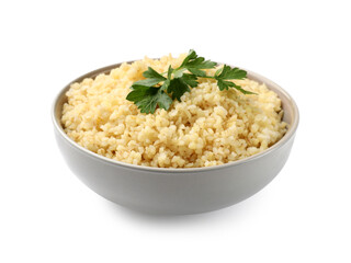Delicious bulgur with parsley in bowl isolated on white