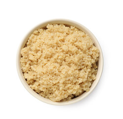 Tasty cooked quinoa in bowl isolated on white, top view
