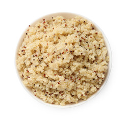Tasty quinoa porridge in bowl isolated on white, top view