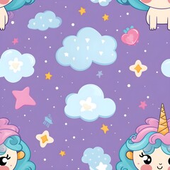Unicorn seamless pattern with clouds