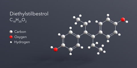 diethylstilbestrol molecule 3d rendering, flat molecular structure with chemical formula and atoms color coding