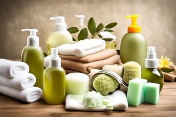 Fototapeta na wymiar Baby care objects. Olive, shampoo, gel, towels, sponge and dummy