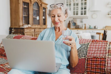 Portrait of carefree senior lady sitting on couch with glass of water, using laptop, watching...