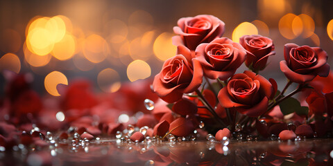 Red roses on defocused night background in love vibe