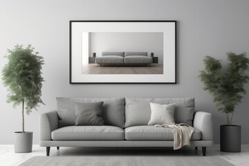 Grey settee near white cupboard in minimal living room interior with posters on the wall