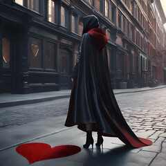 AI-generated illustration of a woman in a black and red cloak standing by a heart on the floor - obrazy, fototapety, plakaty