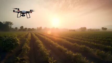 Fototapeta na wymiar Innovative Farming: Drone Technology Over Agricultural Land at Sunrise