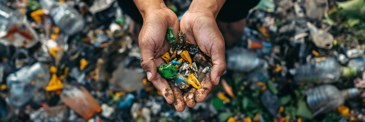 Earth Day banner. Hands holding plastic waste with a blurred pile of garbage in the background, environmental issue. - obrazy, fototapety, plakaty