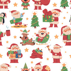 Santa Claus characters and Christmas elements vector cartoon seamless pattern background for wallpaper, wrapping, packing, and backdrop.