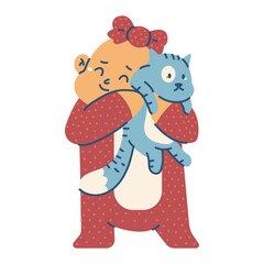 Cute baby girl holding cat in hug vector cartoon character illustration isolated on a white background.