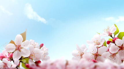 Obraz premium White and pink flowers against the blue sky - cherry blossoms.