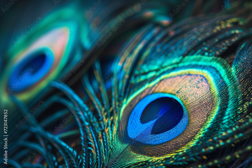 Poster blue peacock feathers in closeup. peacock feather side view closeup, macro. abstract background. sel