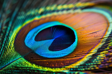 Naklejka premium Blue peacock feathers in closeup. Peacock feather side view closeup, macro. Abstract background. Selective focus. Extreme close up of a peacock tail feather showing details and markings in vibrant col