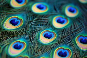 Blue peacock feathers in closeup. Peacock feather side view closeup, macro. Abstract background. Selective focus. Extreme close up of a peacock tail feather showing details and markings in vibrant col