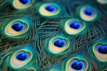 Obraz premium Blue peacock feathers in closeup. Peacock feather side view closeup, macro. Abstract background. Selective focus. Extreme close up of a peacock tail feather showing details and markings in vibrant col