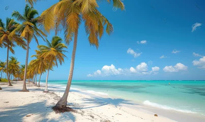 Tragetasche Beautiful tranquil empty bright white paradise sand beach,  palm trees, and  turquoise water in Zanzibar © STORYTELLER