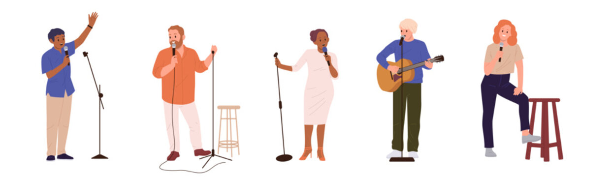 Diverse people standup comedians cartoon characters performing with microphone isolated set